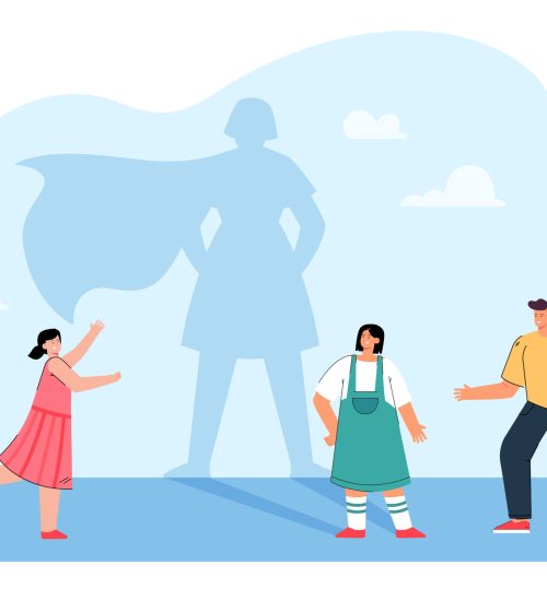 Friends running towards cartoon girl with superhero shadow. Shadow of female character wearing cape flat vector illustration. Leadership, imagination concept for banner, website design or landing page