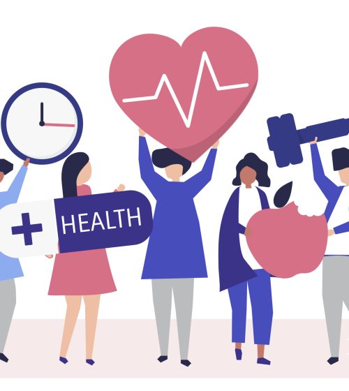 Healthy people carrying different icons related to healthy lifestyle